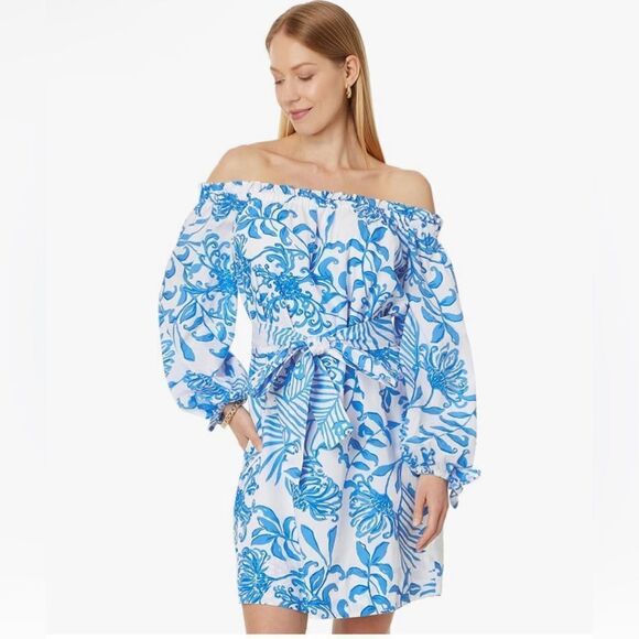 Lilly Pulitzer Jamielynn Off-The-Shoulder Dress Resort White Glisten in the Sun - Picture 1 of 5